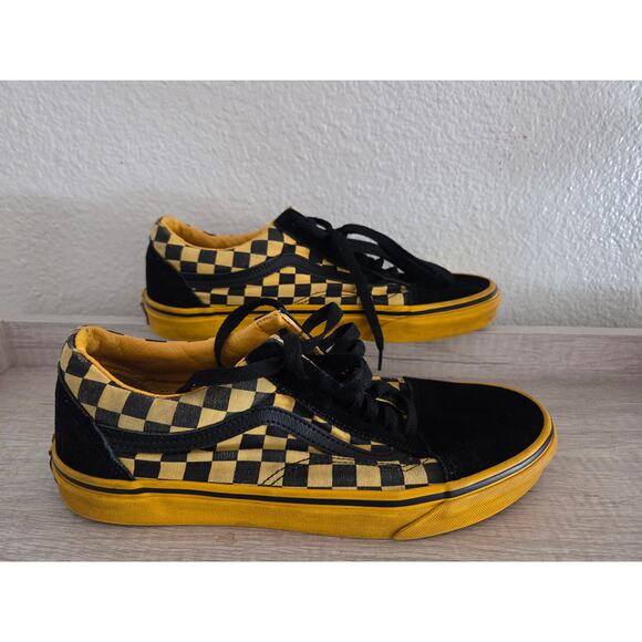Vans Old Skool Shoes Mens 9.5 w11 Black Yellow Checkerboard Canvas Suede Sneaker - Picture 1 of 5